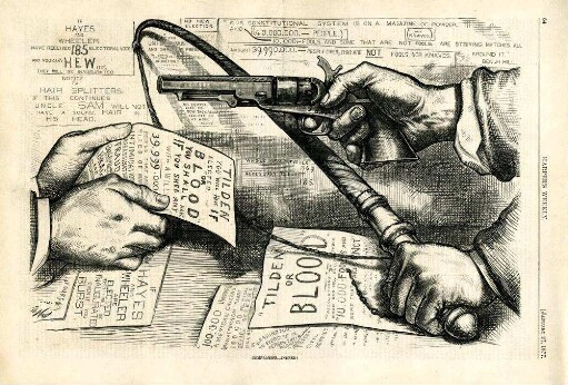Compromise - indeed! : ein Mann bedroht einen anderen mit einem Revolver und einer Peitsche