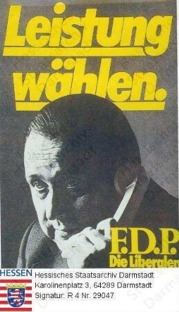 Deutschland (Bundesrepublik), 1976 Oktober 3 / Wahlplakat der FDP (Freie Demokratische Partei) zur Bundestagswahl am 3. Oktober 1976 / Porträtfoto von Hans-Dietrich Genscher (* 1927), telefonierend, Brustbild, und gelbe Schrift