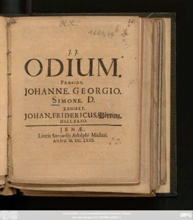 Odium. Praeside. Johanne. Georgio. Simone. D. Exhibet. Johan. Fridericus. Pöpping. Hall. Saxo.