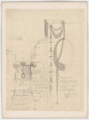 Thiersch, Friedrich von; Wiesbaden; Kurhaus - Säule im Verandasaal Ost (Teilansicht); Wandbespannung (Detail)