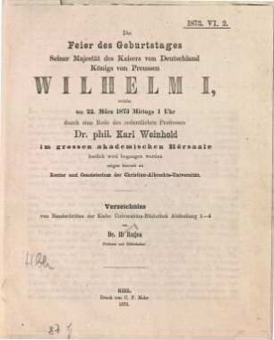 Verzeichniss von Handschriften der Kieler Universitäts-Bibliothek : Abtheilung 1 - 4 ; am 22. März 1873