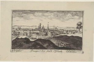 Stadtansicht von Oschatz in Sachen, aus einer Reihe Dresdner und sächsischer Ansichten von Schlitterlau um 1770