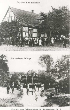 Rietschen-Viereichen. Ortsansichten, Ansichtskarte um 1920, Repro (RA Görlitz Postkartensammlung)