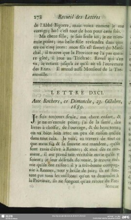 Lettre DXCI. Aux Rochers, ce Dimanche, 23. Octobre, 1689