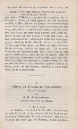 541-558 Beiträge zur Erklärung des Hebräerbriefs : aus dem Nachlasse