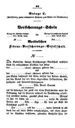Anlage C. Versicherungs-Schein der Berlinischen Lebens-Versicherungs-Gesellschaft
