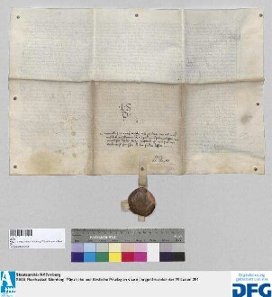 Walthasor Pemer, oberster Amtmann des Waldes bei Nürnberg, Sebalder Seite, und das Forstgericht daselbst sprechen dem Rat der Stadt Nürnberg den Teil der Forsthube zu Tennenlo, welchen Peter Motter vor dem von Wernlein und Gilg den Schützen erkauft hat und der nach des Motters Tod weder vom Rat noch dem Waldamtmann empfangen wurde, gegen die Erbansprüche Peter von Seckendorffs als verfallenes Lehen zu. - Zeugen: Vlrich Haller, Endres Geuder, Jörg Startz, Albrecht Swatman, Heinrich Perckmeister, sämtlich Bürger zu Nurnberg, Jorg Hetzelstorffer zu Günterspühel, Jacob Prenger zu Gescheyd, Cuntz Hering zu Malmshoff, Hanns Kuenl zu Krafftzhoff, Herman Pawer der Altere und Jungere, beide zu Tennelov, Hans Wirt zu Ruckerstorff und Peter Rabnolt zu Erlastegen. - Siegler: der Amtmann.
