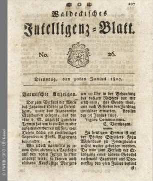 No. 26, Dienstag, den 30ten Junius 1807