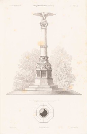 Kriegerdenkmal, Marienburg: Grundriss, Ansicht (aus: Atlas zur Zeitschrift für Bauwesen, hrsg. v. G. Erbkam, Jg. 28, 1878)