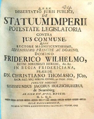 Dissertatio Iuris Publici, De Statuum Imperii Potestate Legislatoria Contra Ius Commune