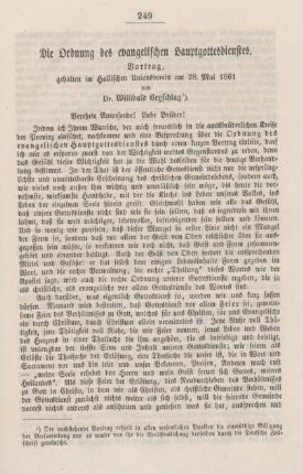 249-261 Die Ordnung des evangelischen Hauptgottesdienstes : Vortrag, gehalten im Hallischen Unionsverein am 28. Mai 1861