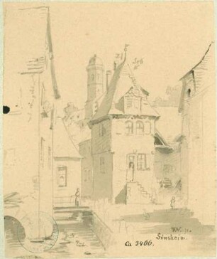 Sinsheim Einmündung Ziegelgasse in Alte Poststraße mit Blick auf Turm Stiftskirche