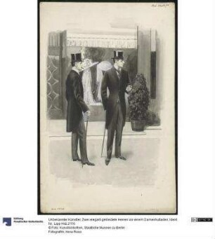 Zwei elegant gekleidete Herren vor einem Damenhutladen