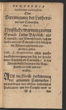 Concordia Lutherano-Calvinistica Oder Vereinigung der Lutheraner und Calvinisten.