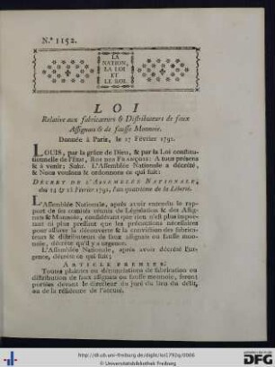 Loi Relative aux fabricateurs & Distributeurs de faux Assignats & de fausse Monnoie.