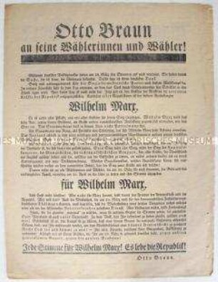 Propagandaflugblatt zur Reichspräsidentenwahl 1925 mit dem Aufruf des Sozialdemokraten Otto Braun, im 2. Wahlgang Wilhelm Marx zu wählen