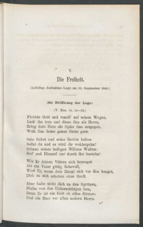 V. Die Freiheit. : (Lehrling - Aufnahme - Loge am 25. September 1869.)