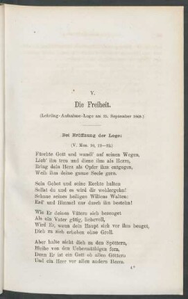 V. Die Freiheit. : (Lehrling - Aufnahme - Loge am 25. September 1869.)