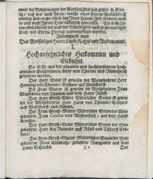 I. Hochansehnliches Herkommen und Gebuhrt.