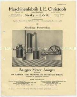 Sauggas-Motor-Anlagen für Betrieb mit Anthrazit, Holzkohle und Braunkohlen-Briketts.