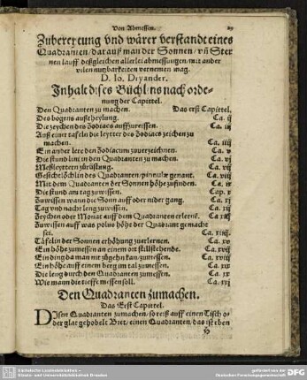 Zubereytung und warer verstandt eines Quadranten/darauß man der Sonnen/un Sternen lauff deßgleichen allerlei abmessungen/mit ander vilen nutzbarkeiten vernemen mag.