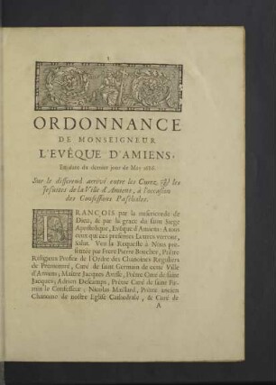 Ordonnance de Monseigneur l`Evêque d`Amiens, en date du dernier jour de May 1686.