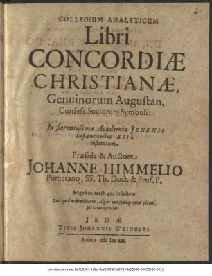 Collegium Analyticum Libri Concordiae Christianae, Genuinorum Augustan. Confess. Sociorum Symboli