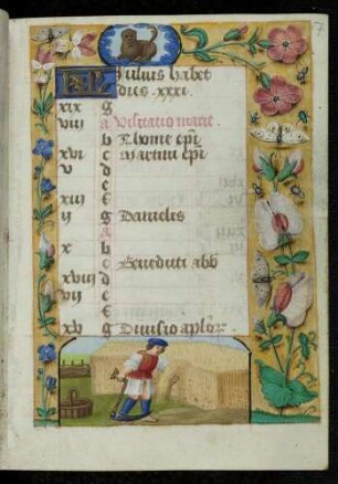 Kalendar: Juli; Monatsbild: Kornernte; Tierkreiszeichen Löwe, Trompe l'oeil-Rahmen mit Blütenzweigen und Insekten.