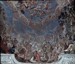 Steinigung des heiligen Stephanus und seine Vision des sich öffnenden Himmels mit Christus und dem Heiligen Geist
