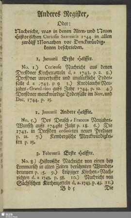 Anderes Register, Oder: Nachricht, was in denen Alten- und Neuen Historischen Curiosis Saxonicis 1744, in allen zwölff Monathen vor Deckwürdigkeiten beschrieben