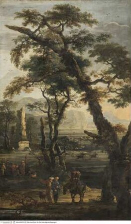 Landschaft mit alten Bäumen, antiker Ruine und Reisenden