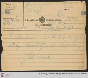 Briefe von Carl Zeiss (Jena) an Max Wolf: Telegramm von Carl Zeiss (Jena) an Max Wolf
