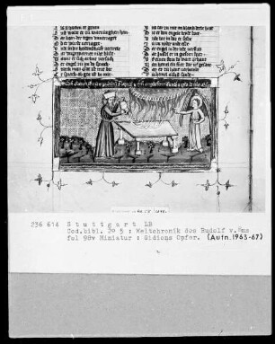 Weltchronik des Rudolf von Ems — Gideons Opfer, Folio 98verso