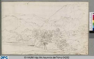 Anwesen mit Rotunde an einem Fluss in bergiger Landschaft
