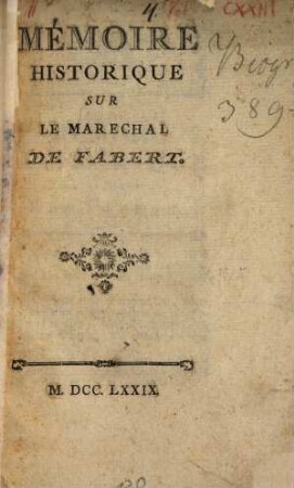Mémoire historique sur le Marechal de Fabert