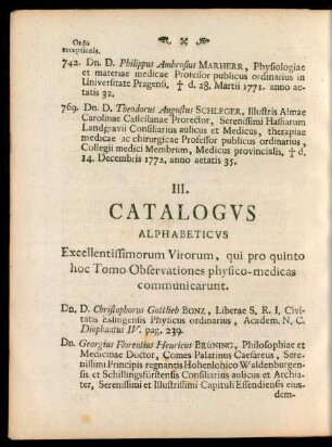 III. Catalogus alphabeticus Excellentissimorum Virorum, qui pro quinto hoc Tomo Observationes physico-medicas communicarunt.