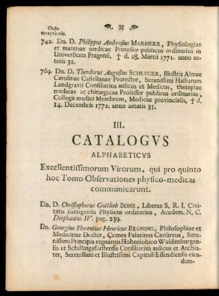 III. Catalogus alphabeticus Excellentissimorum Virorum, qui pro quinto hoc Tomo Observationes physico-medicas communicarunt.