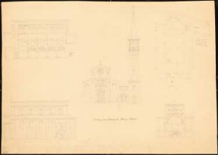Kirche, Caputh Erweiterung: Grundriss, Vorderansicht, Seitenansicht, 2 Schnitte