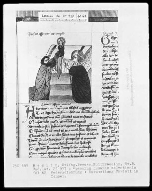 Speculum humanae salvationis — Darstellung Christi im Tempel, Folio 62recto