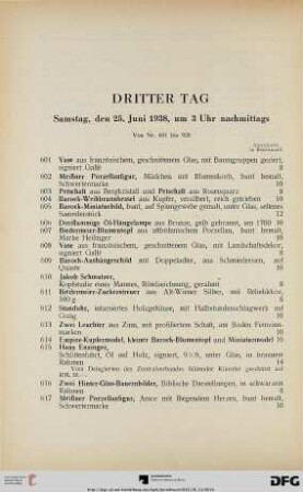Dritter Tag Samstag, den 25. Juni 1938, um 3 Uhr nachmittags (Nr. 601-920)