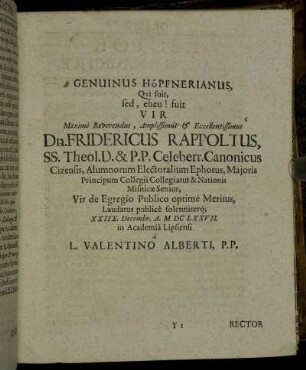 Genuinus Höpfnerianus, Qui fuit, sed, eheu! fuit Vir ... Fridericus Rappoltus ...