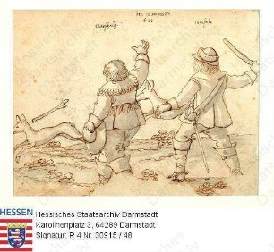 Jagd, Niddaer Sauhatz / Bild 48: Jäger werfen Knüppel nach fliehenden Rehen / Jagd zweier Jäger (Marschalg [= Kuno Quirin Schütz v. Holzhausen (1580-1637)], Wersabe) mit Knüppeln auf Rehe werfend
