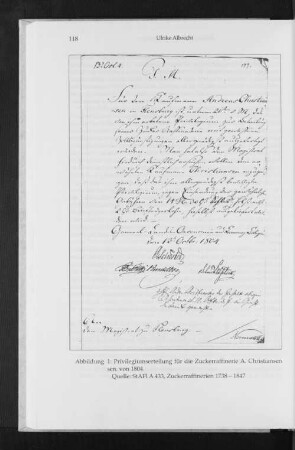 Abbildung 1: Privilegiumserteilung für die Zuckerraffinerie A. Christiansen. von 1804