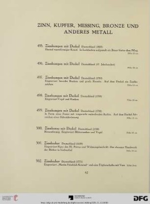 Zinn, Kupfer, Messing, Bronze und anderes Metall (Nr. 495-566)