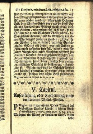 V. Capitul. Auferstehung oder Erscheinung einer verstorbenen Weibs-Person.