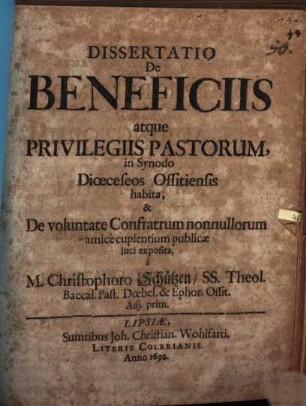 Dissertatio De Beneficiis atque Privilegiis Pastorum