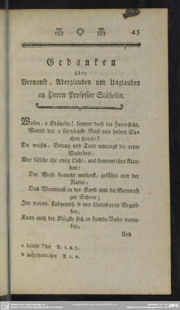 Gedanken über Vernunft, Aberglauben und Unglauben an Herrn Professor Stähelin