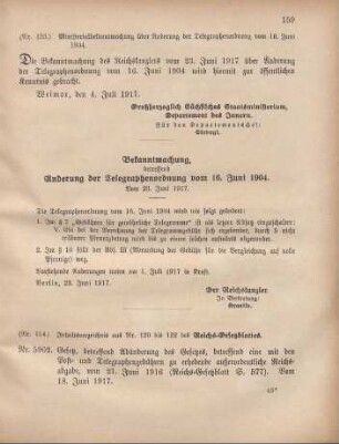 Nr. 153: Ministerialbekanntmachung über Änderung der Telegraphenordnung vom 16. Juni 1904
