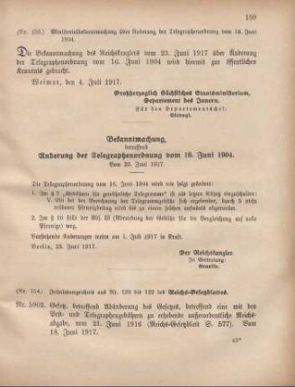 Nr. 153: Ministerialbekanntmachung über Änderung der Telegraphenordnung vom 16. Juni 1904