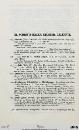III. Schriftsteller, Dichter, Gelehrte (Nr. 245-419)